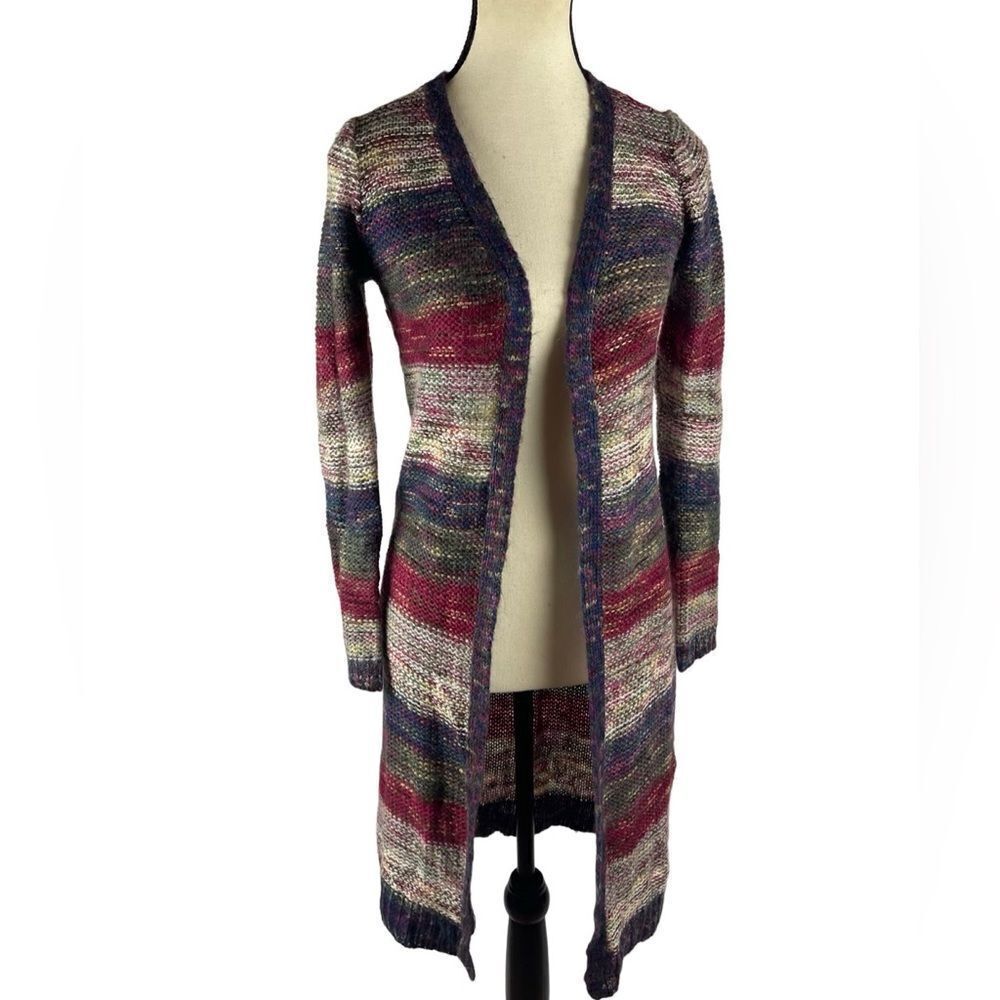 Ultra flirt long colorful striped open knit cardigan size S - Picture 2 of 6